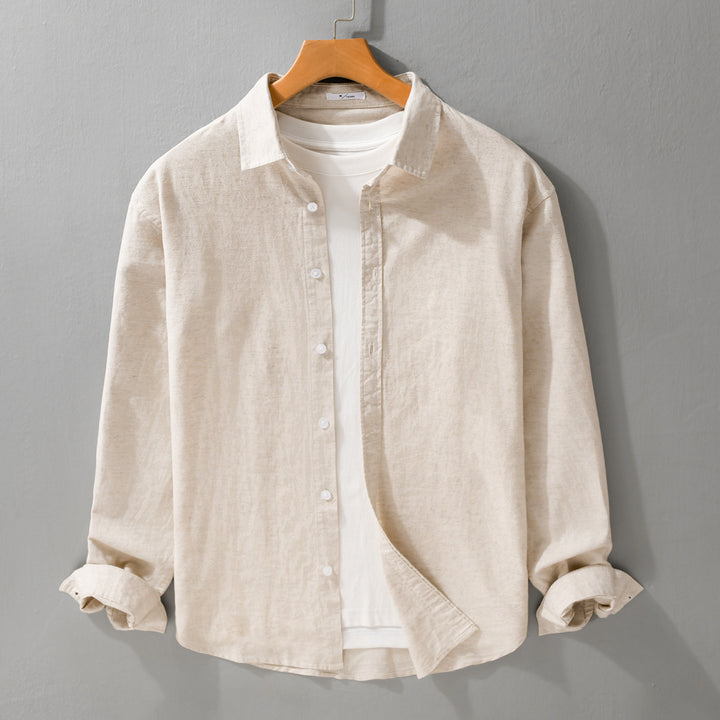 Herren Leinenmix-Layering-Overshirt mit Kentkragen, gerundetem Saum und Soft‑Touch Echoarchiv