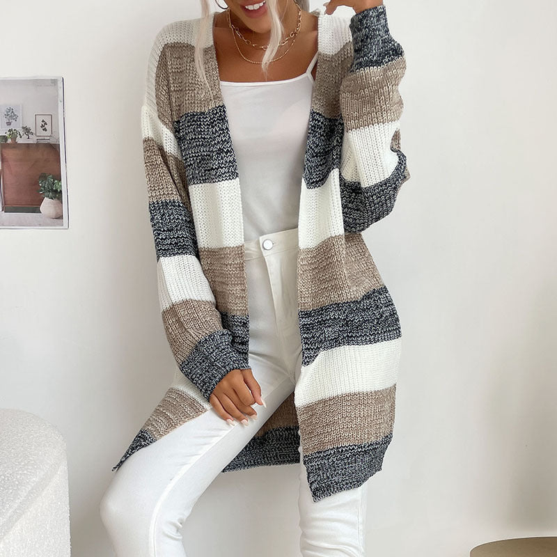 Damen Langer Oversize-Strickcardigan mit Blockstreifen und offener Front – Veloura