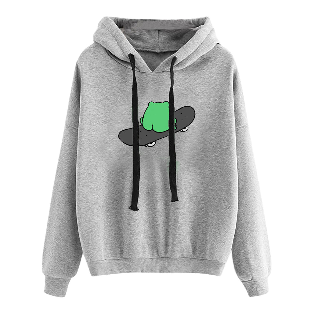 Damen kurz geschnittener Cropped-Kapuzenpullover mit niedlicher Frosch-Illustration und verstellbarer Kapuze – Auréline