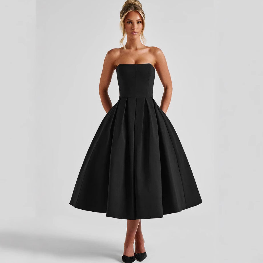 Damen Elegantes Midi-Kleid mit schwingendem Rock und raffiniertem Bandeau-Ausschnitt – Élara