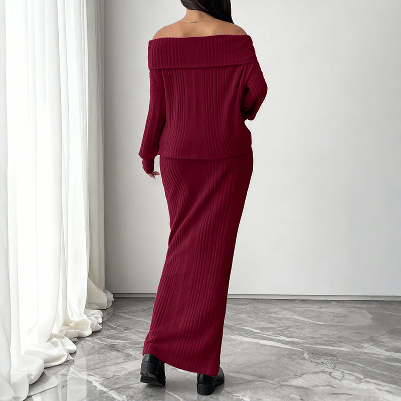 Damen Schulterfreies Rippstrick-Set mit Off-Shoulder-Oberteil und figurbetontem Maxirock Echoarchiv