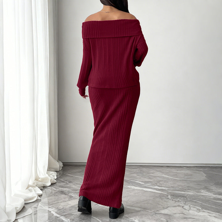 Damen Schulterfreies Rippstrick-Set mit Off-Shoulder-Oberteil und figurbetontem Maxirock Echoarchiv