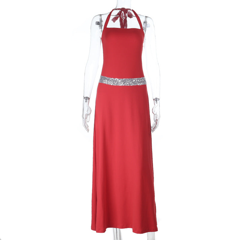 Damen elegantes Maxikleid mit schimmerndem Halterdesign und glitzerndem Taillengürtel Echo Archiv
