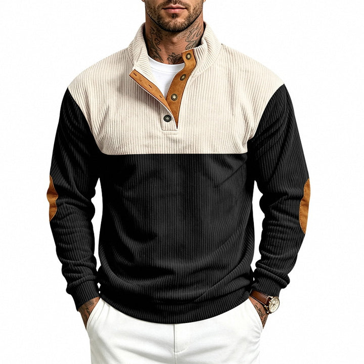 Herren Strukturierter Troyer-Pullover mit Stehkragen, Druckknopfleiste und Ellbogen‑Patches Echoarchiv