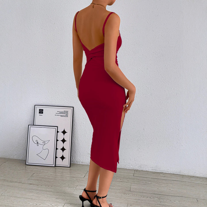 Damen figurbetontes Midi-Kleid mit schulterfreien Trägern und tiefem Schlitz Echo Archiv