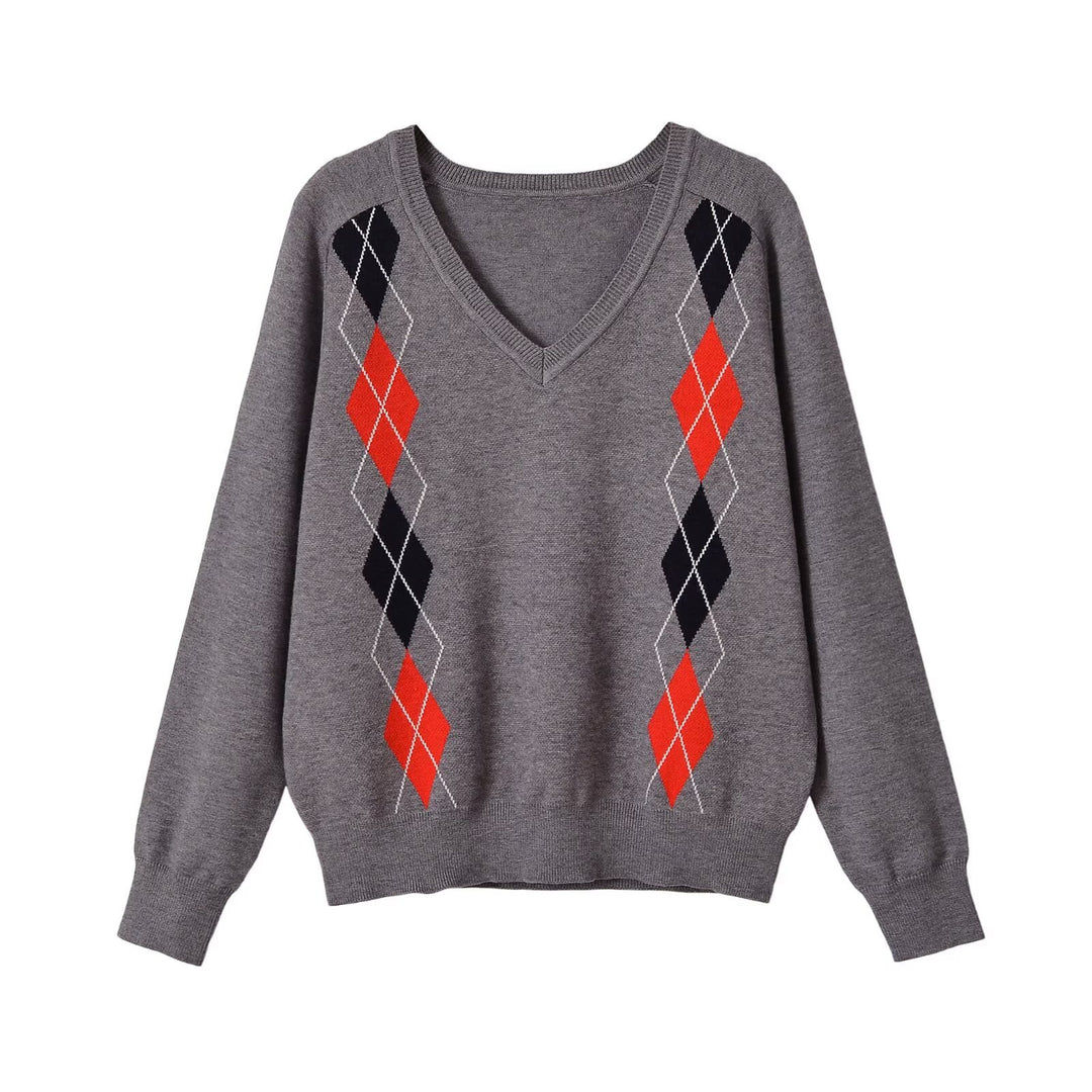 Damen V‑Ausschnitt Pullover mit Rautenmuster und legerer Oversize-Passform Echoarchiv