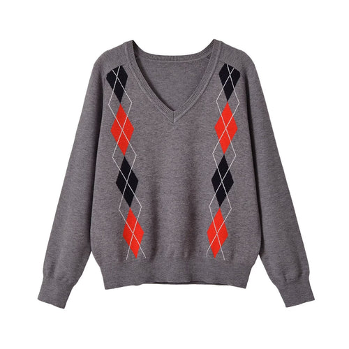 Damen V‑Ausschnitt Pullover mit Rautenmuster und legerer Oversize-Passform Echoarchiv