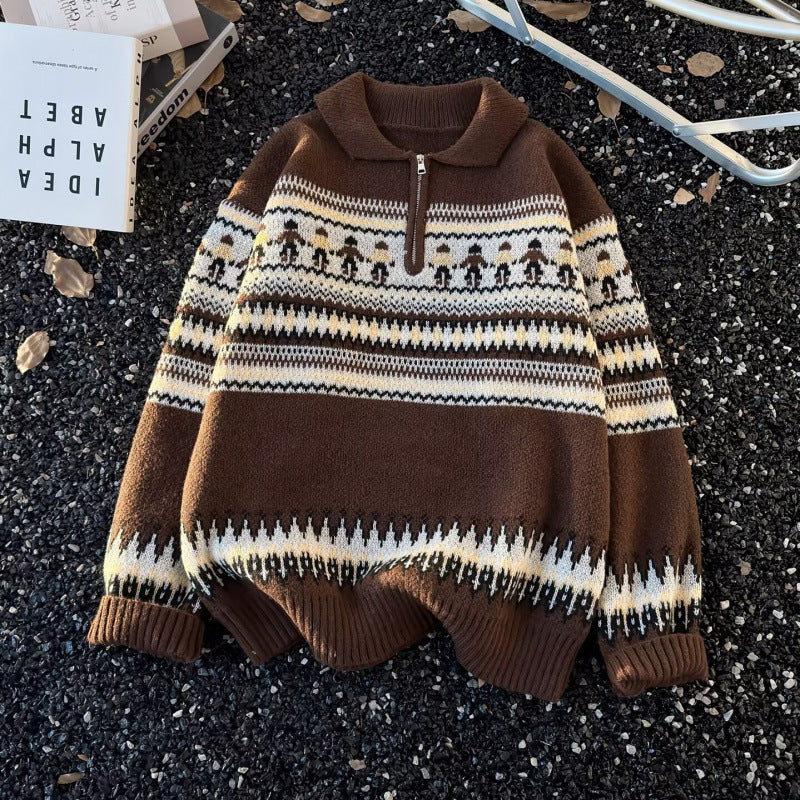 Damen Jacquard-Halbzip-Pullover mit Polokragen und Norweger‑Intarsie Echoarchiv