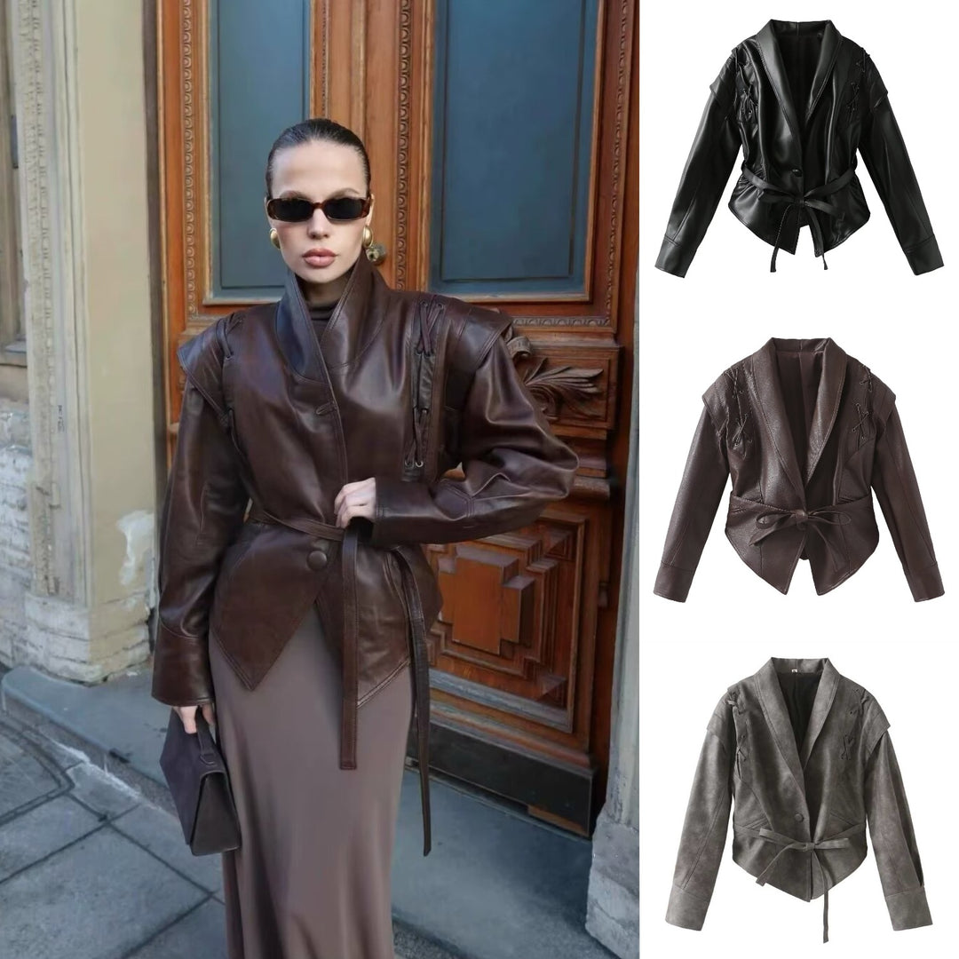 Damen Kurzjacke im Wildlederlook mit Schalkragen, Schnürdetails und Taillengürtel Echo Archiv