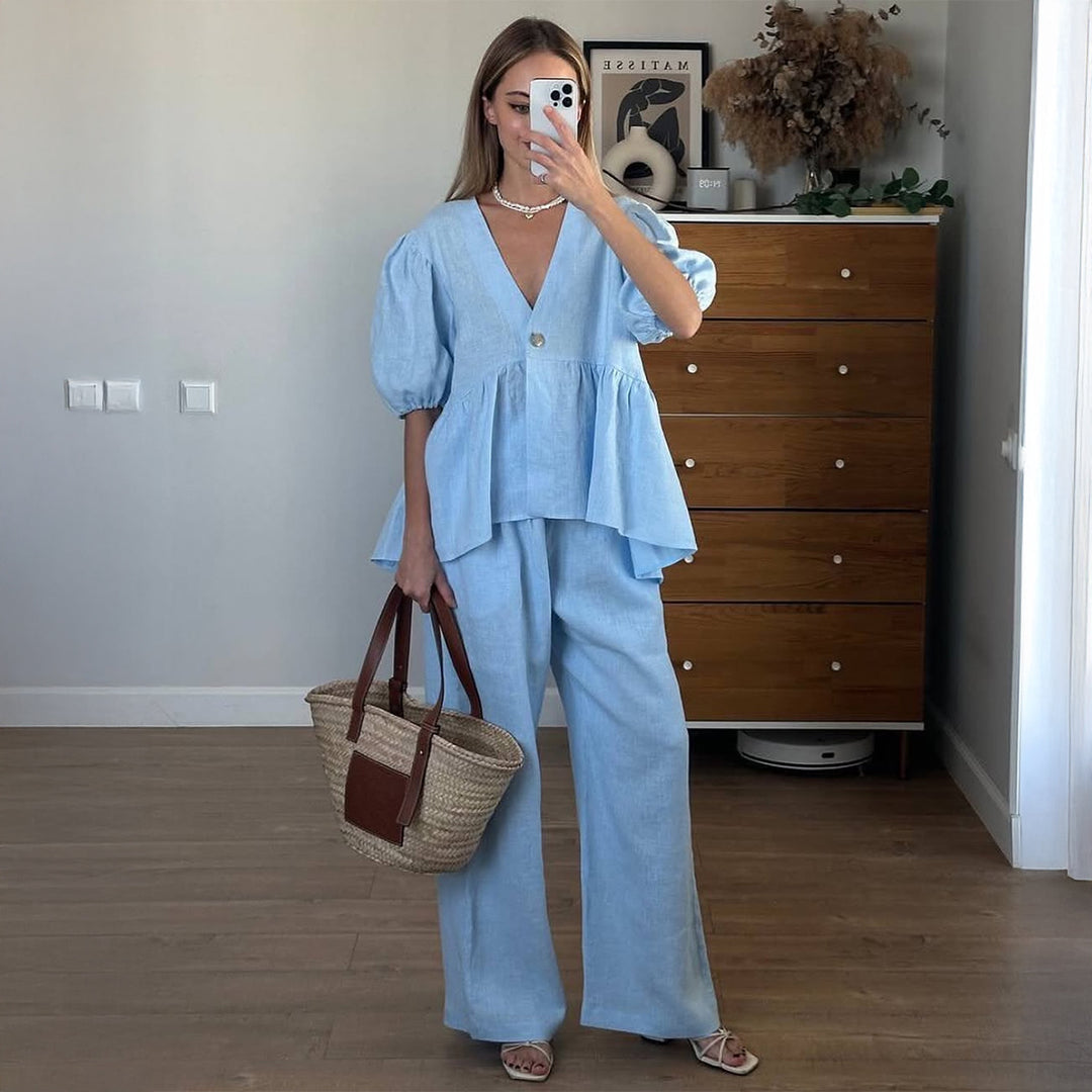 Damen elegantes Oberteil mit hohem Bund und weiten Hosen Echo Archiv