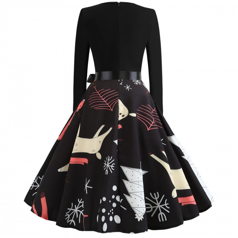 Damen festliches A-Linien Kleid mit weihnachtlichem Rentier-Print und Satin-Taillenband – Élara