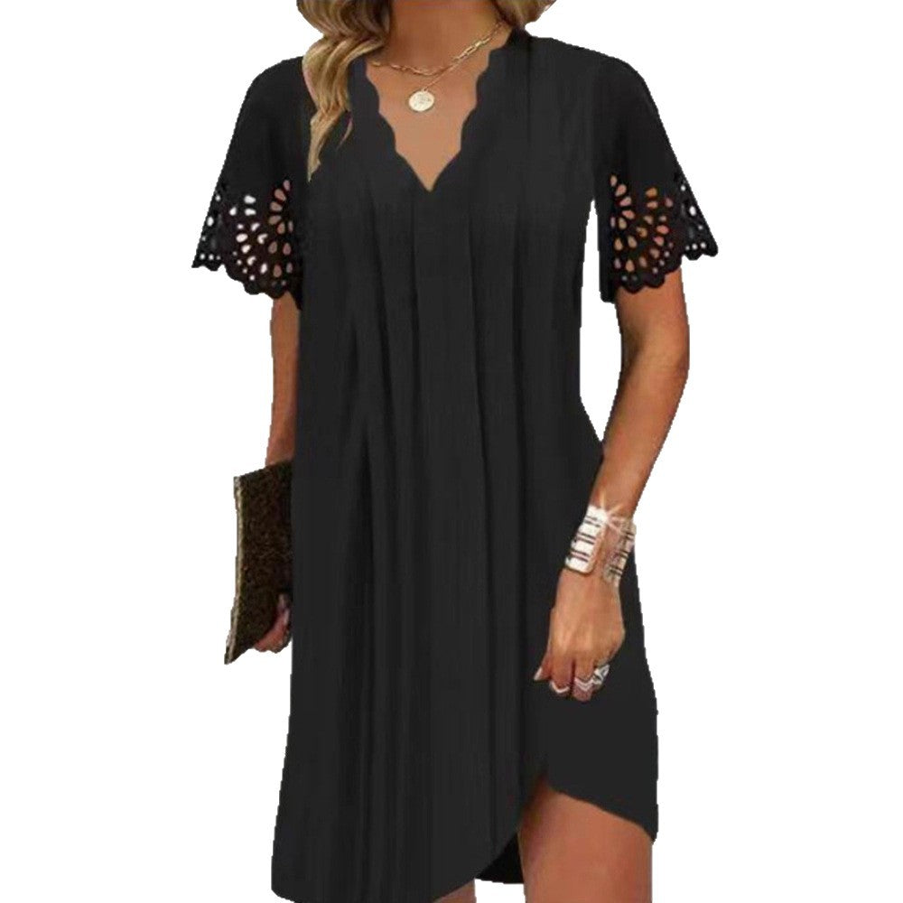 Damen nan knielanges A-Linien-Kleid mit geschwungenem V-Ausschnitt, Lochspitzenärmeln und seitlichem Beinschlitz Echo Archiv
