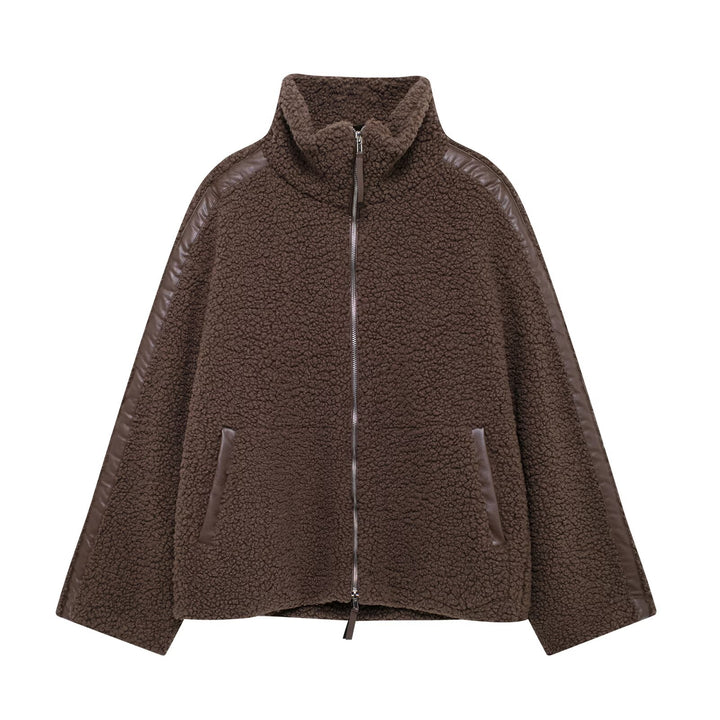 Damen Teddy-Fleece-Jacke mit Stehkragen und Lederoptik-Details Echo Archiv