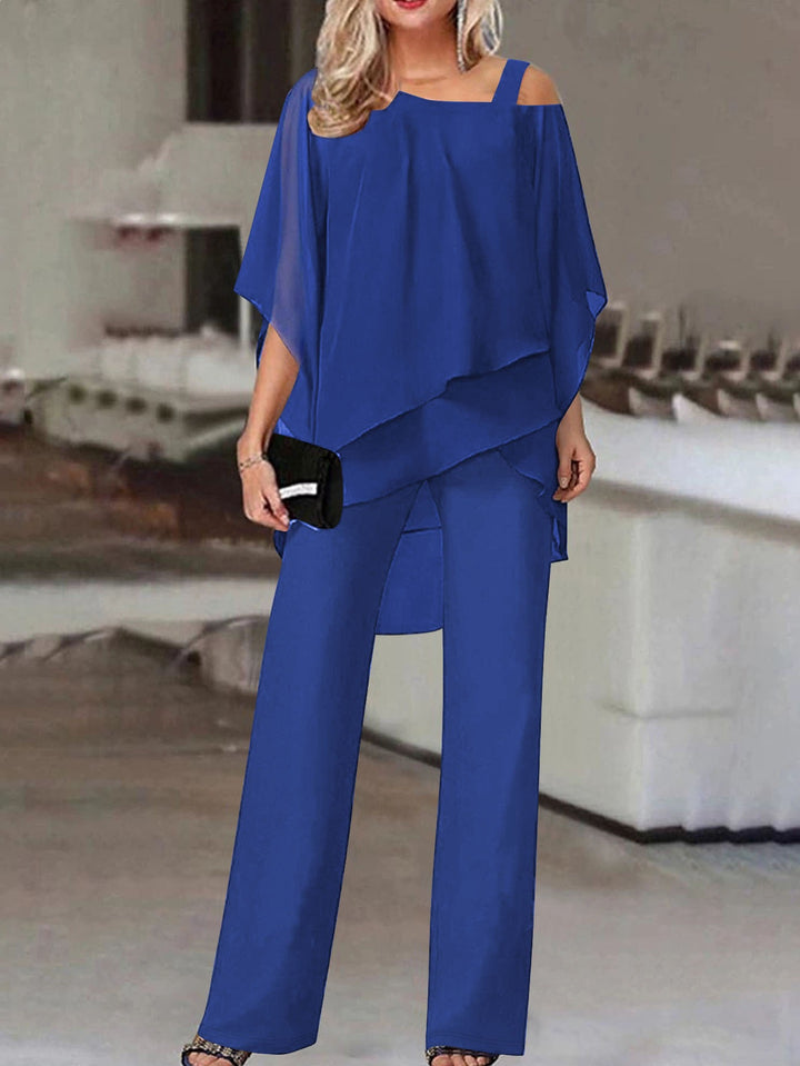 Damen Elegantes Chiffon-Zweiteiler mit Lagen‑Tunika, asymmetrischem Ein‑Schulter‑Detail und weiter Palazzohose – Élanora