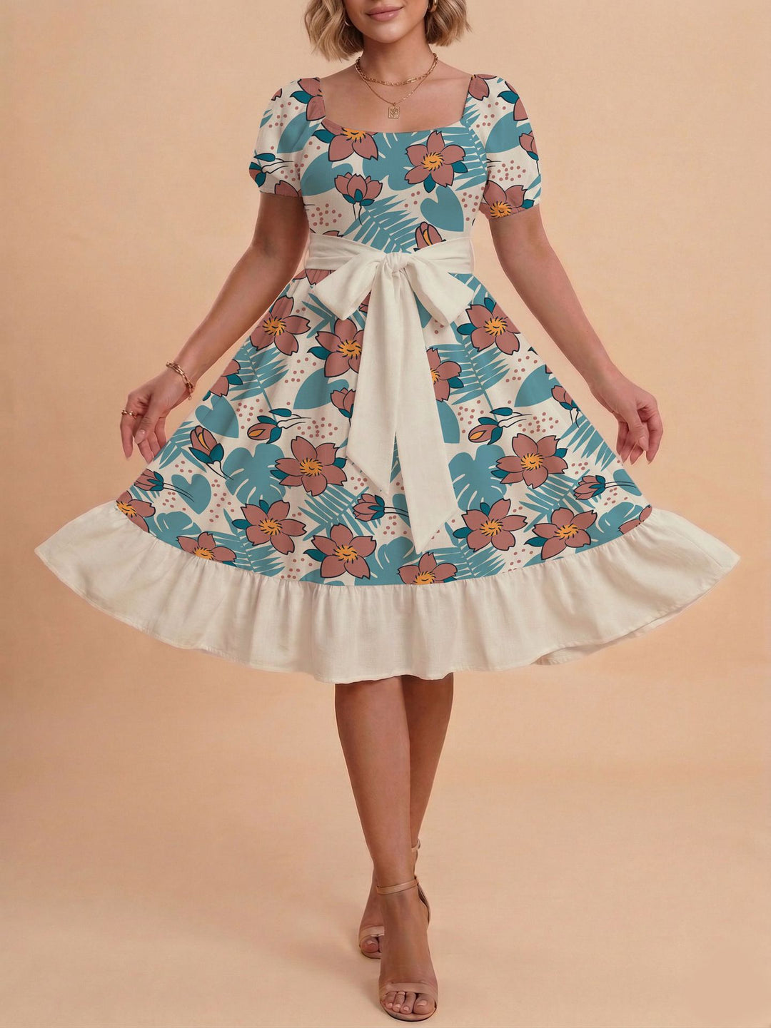Damen Retro Maxikleid mit Puffärmeln und Taillengürtel Echo Archiv
