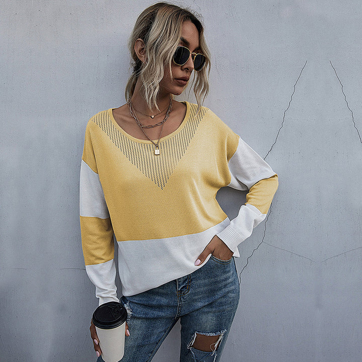 Damen Lässiger Strickpullover mit V-Ausschnitt und Farbblock Echo Archiv