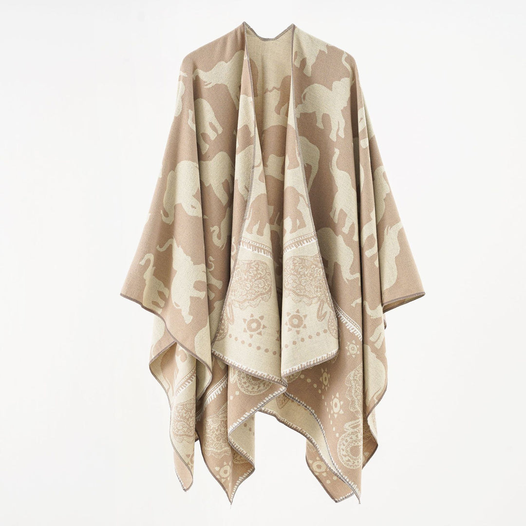 Damen Jacquard‑Ruana mit Elefantenmotiv und ornamentaler Bordüre – Avelisse
