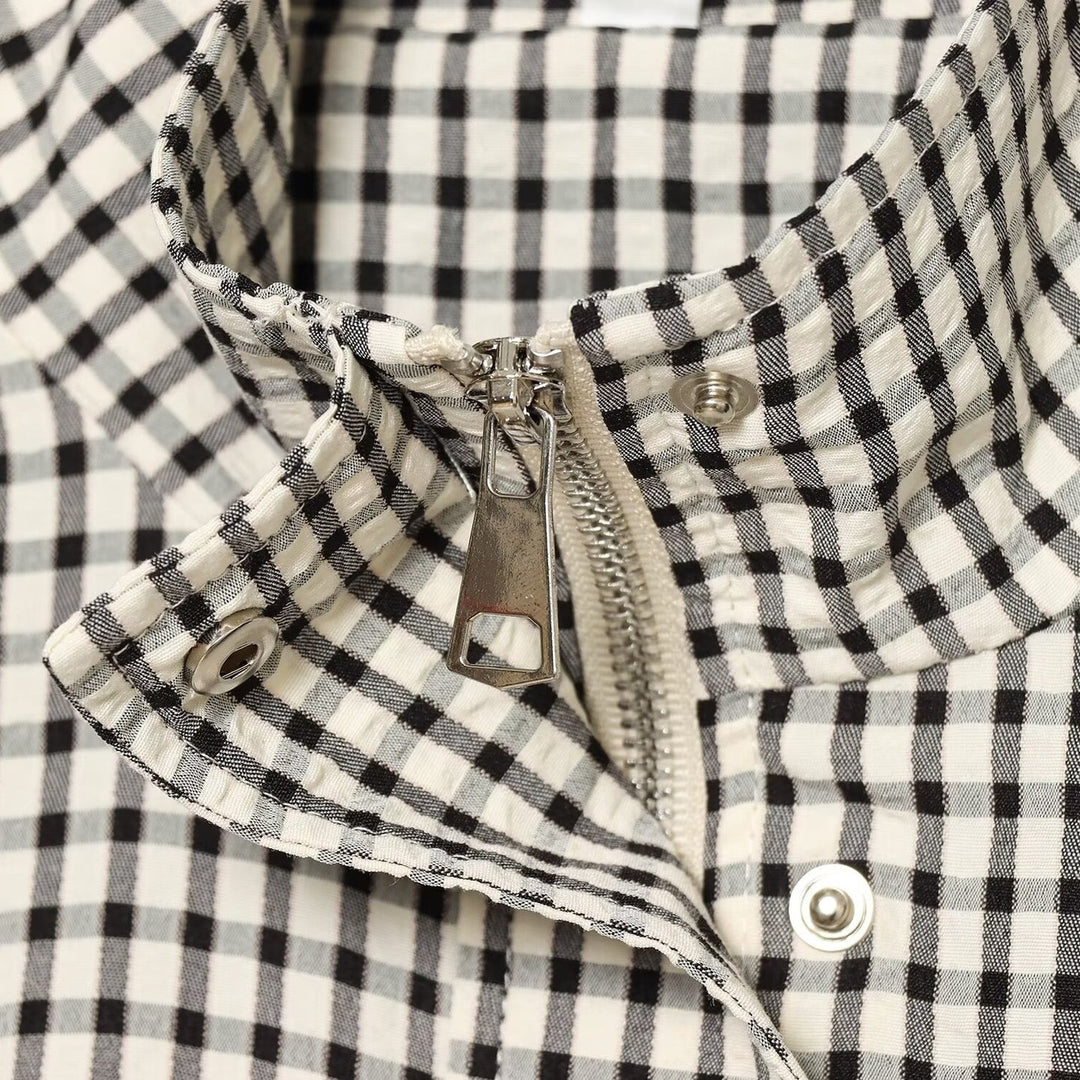Damen Cropped Boxy-Jacke im Vichy-Karo mit Funnelkragen und verdeckter Knopfleiste Echoarchiv