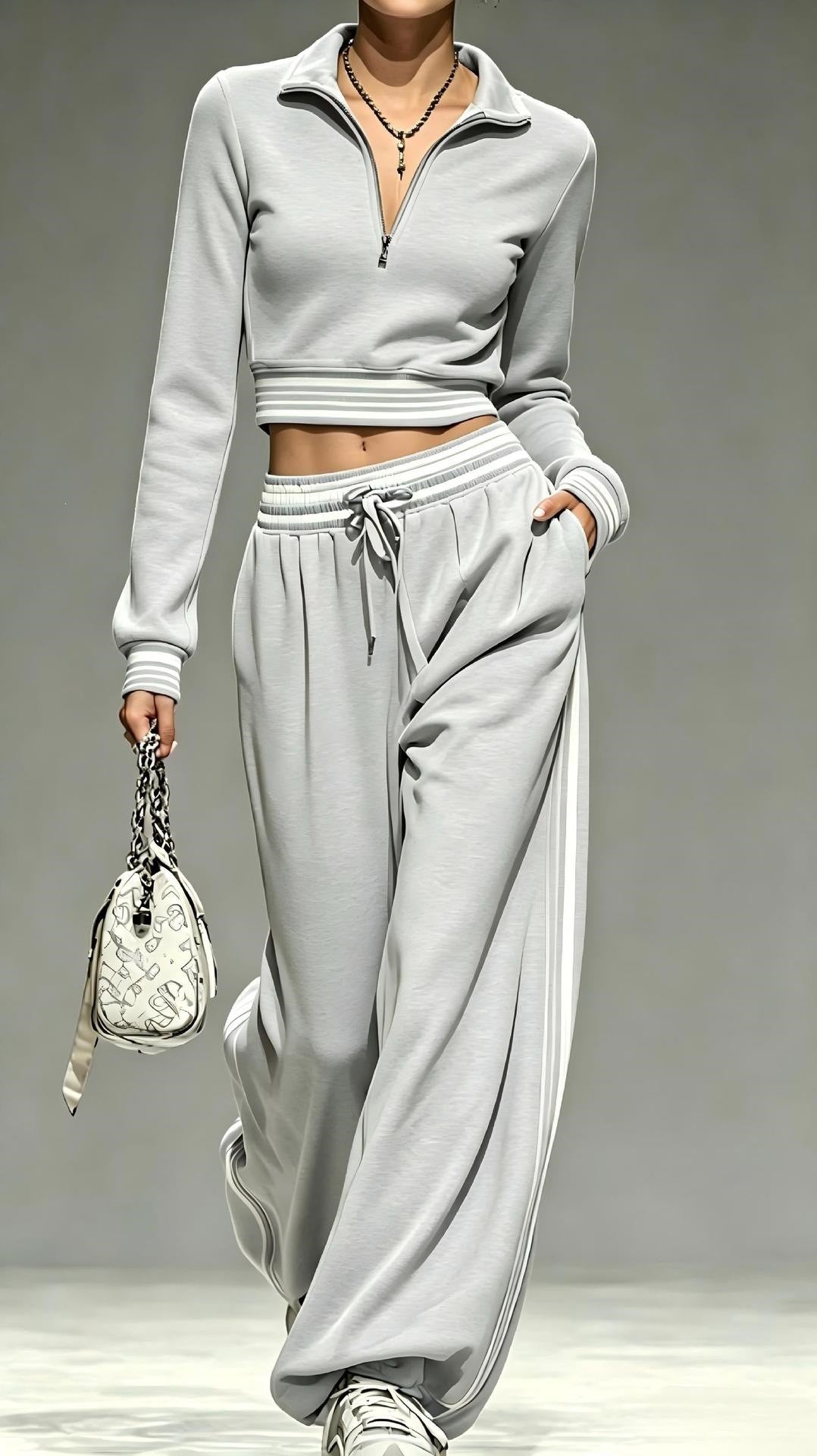 Damen Cropped-Trainingsset mit halbem Reißverschlusskragen und weitem Bundfalten-Jogger Echoarchiv