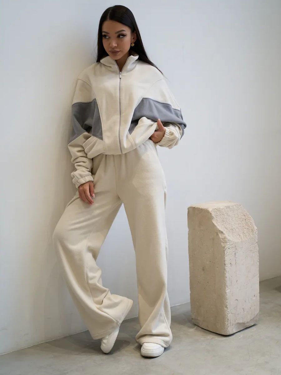 Damen Oversized Fleece-Lounge-Set mit Stehkragen, Reißverschlussjacke und weiter Palazzohose – Auréline