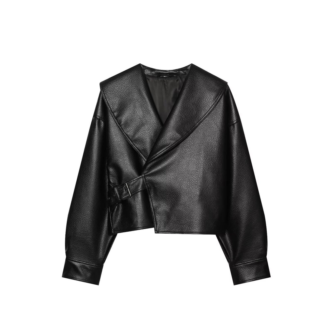 Damen Cropped Lederoptik-Jacke mit übergroßem Schalkragen und taillierendem Schnallenriemen Echoarchiv