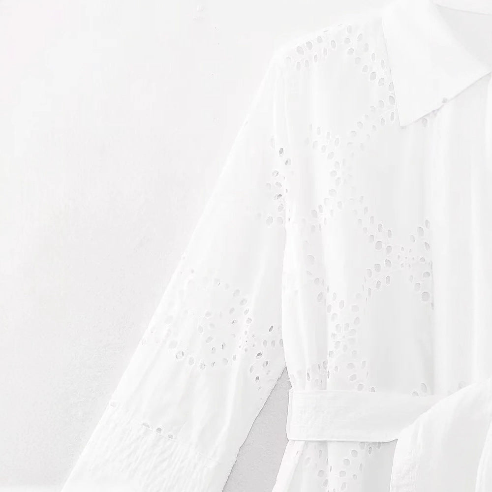 Damen langes Broderie-Anglaise Hemdblusenkleid mit Taillengürtel – Valéora