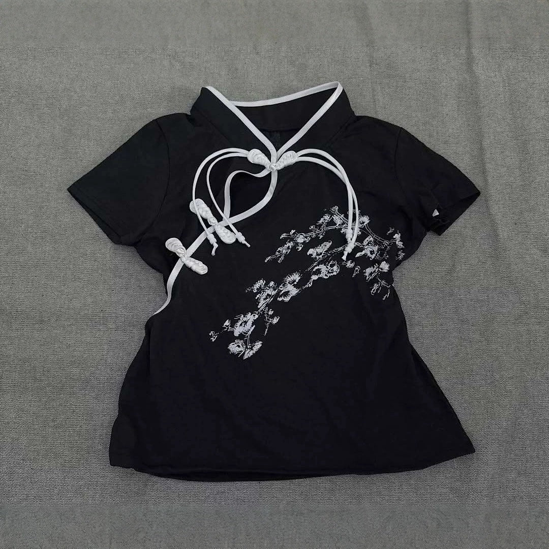 Damen Modernes Chinesisches Kurzarm-T-Shirt mit kreativem Knotendesign Echo Archiv