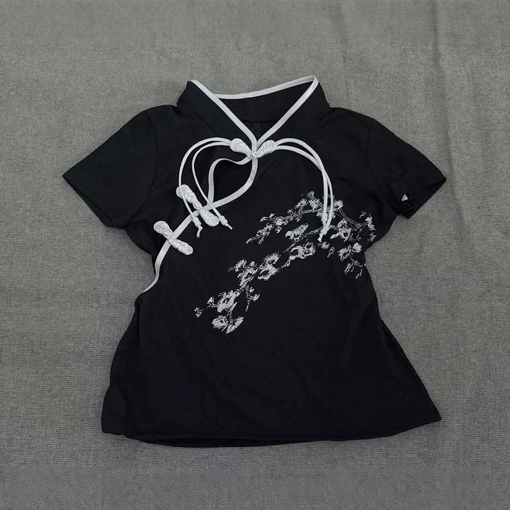 Damen Modernes Chinesisches Kurzarm-T-Shirt mit kreativem Knotendesign Echo Archiv