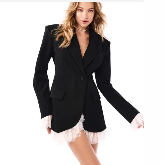 Damen nan längerer taillierter Blazer-Mantel mit Reverskragen und Pattentaschen Echo Archiv