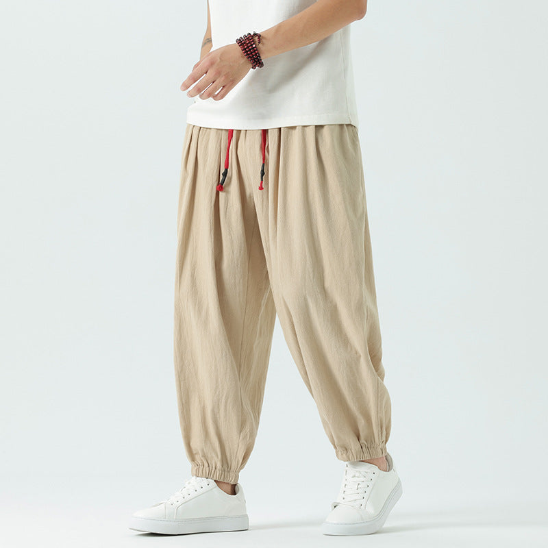 Herren nan locker geschnittene Leinen-Baumwoll Hose mit Kordelzug und elastischen Bündchen Echo Archiv