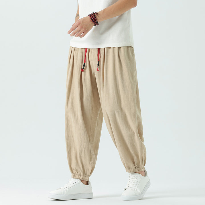 Herren nan locker geschnittene Leinen-Baumwoll Hose mit Kordelzug und elastischen Bündchen Echo Archiv