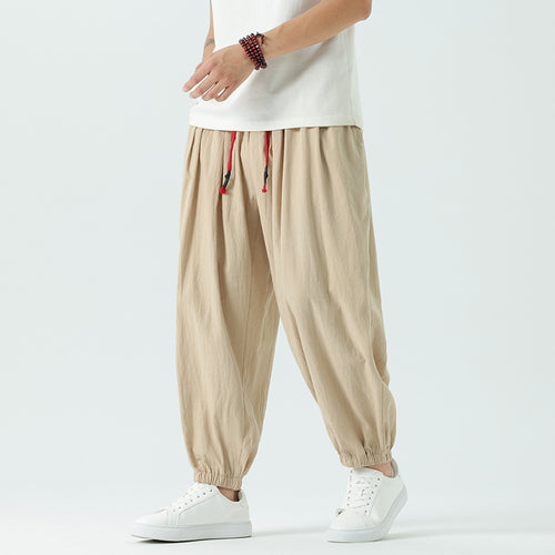 Herren nan locker geschnittene Leinen-Baumwoll Hose mit Kordelzug und elastischen Bündchen Echo Archiv