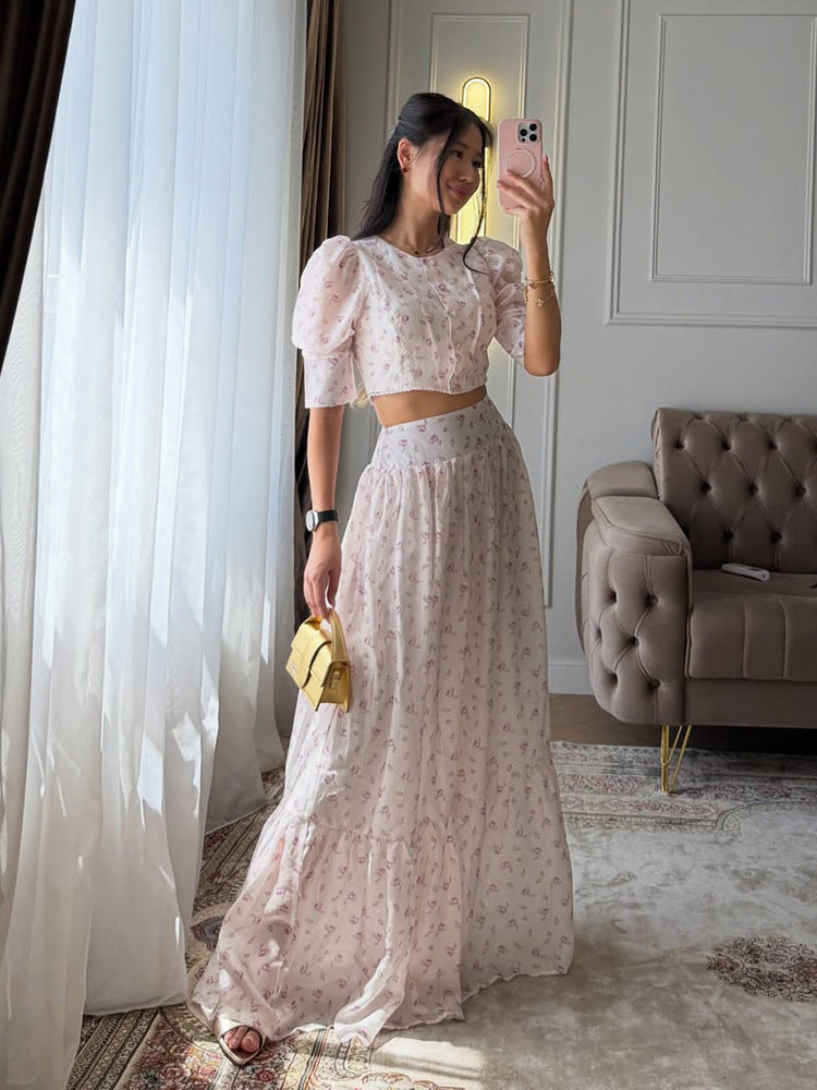 Damen Zweiteiliges Chiffon-Set mit Cropped-Puffbluse und Stufen-Maxirock Echoarchiv