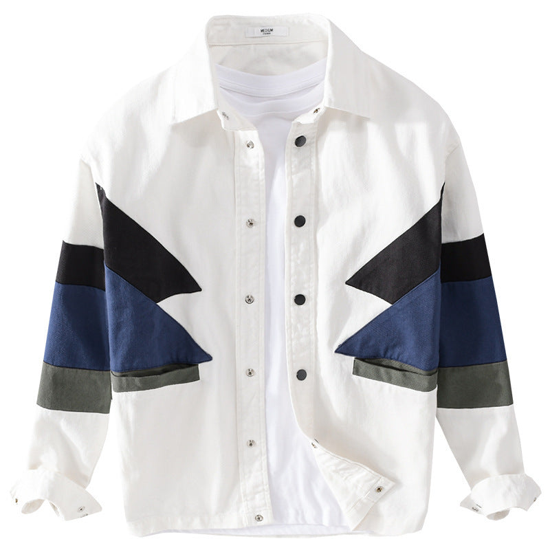 Herren Baumwoll-Overshirt im Layering-Stil mit geometrischen Colorblock-Einsätzen und Druckknopf-Leiste Echoarchiv