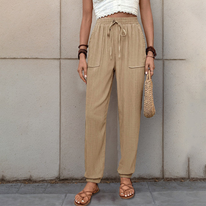 Damen Lockerer Leinenoptik-Joggerhose mit hohem Gummibund, Tunnelzug, aufgesetzten Taschen & elastischen Bündchen Echoarchiv