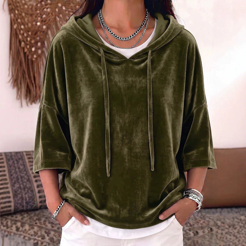 Damen Oversize Samt-Halbarm-Hoodie mit Kordelzug und Taschen Echoarchiv