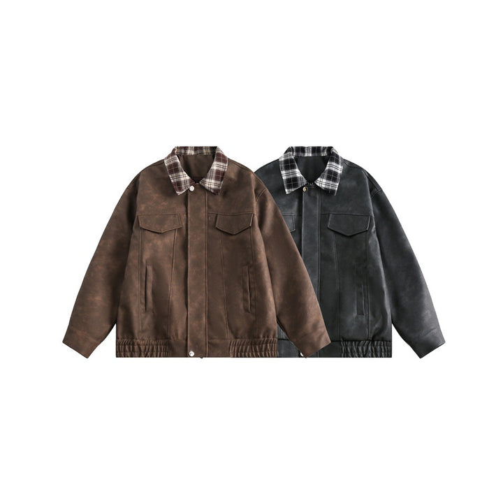 Herren Boxy Kunstleder‑Blouson mit kariertem Umlegekragen und Pattentaschen Echoarchiv