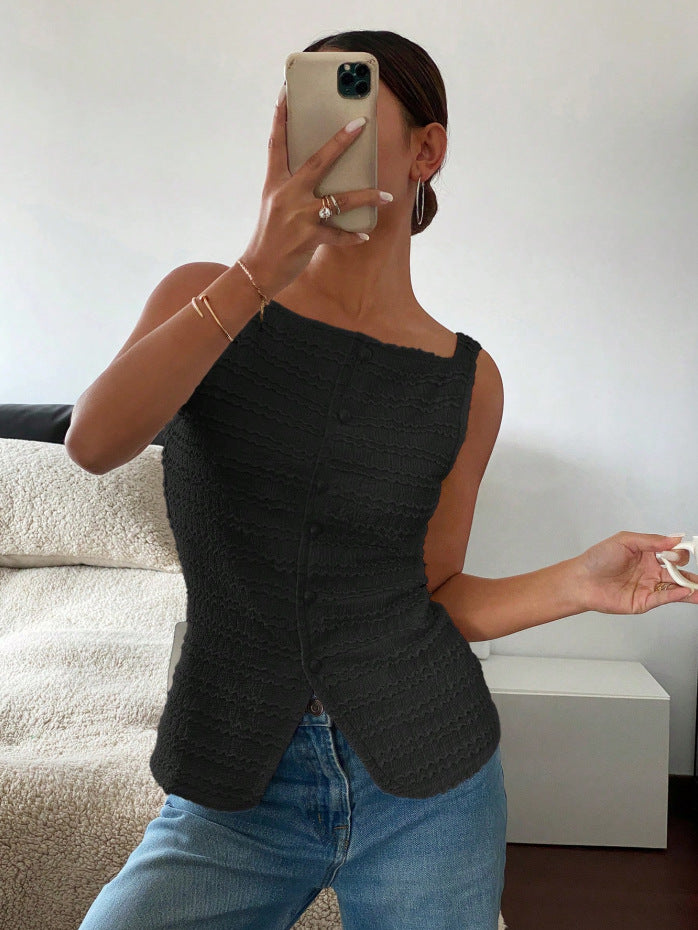 Damen Ärmelloses Struktur-Top mit Zierknopfleiste und Vorder‑Schlitz Echo Archiv