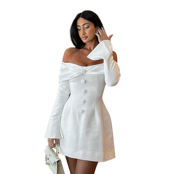 Damen Off-Shoulder Korsagen-Minikleid mit bezogenen Knöpfen und ausgestellten Ärmeln – Élara