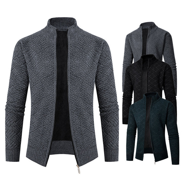Herren Thermo-Strickjacke mit durchgehendem Reißverschluss, gefüttertem Stehkragen und geometrischem Strukturmuster Echo Archiv