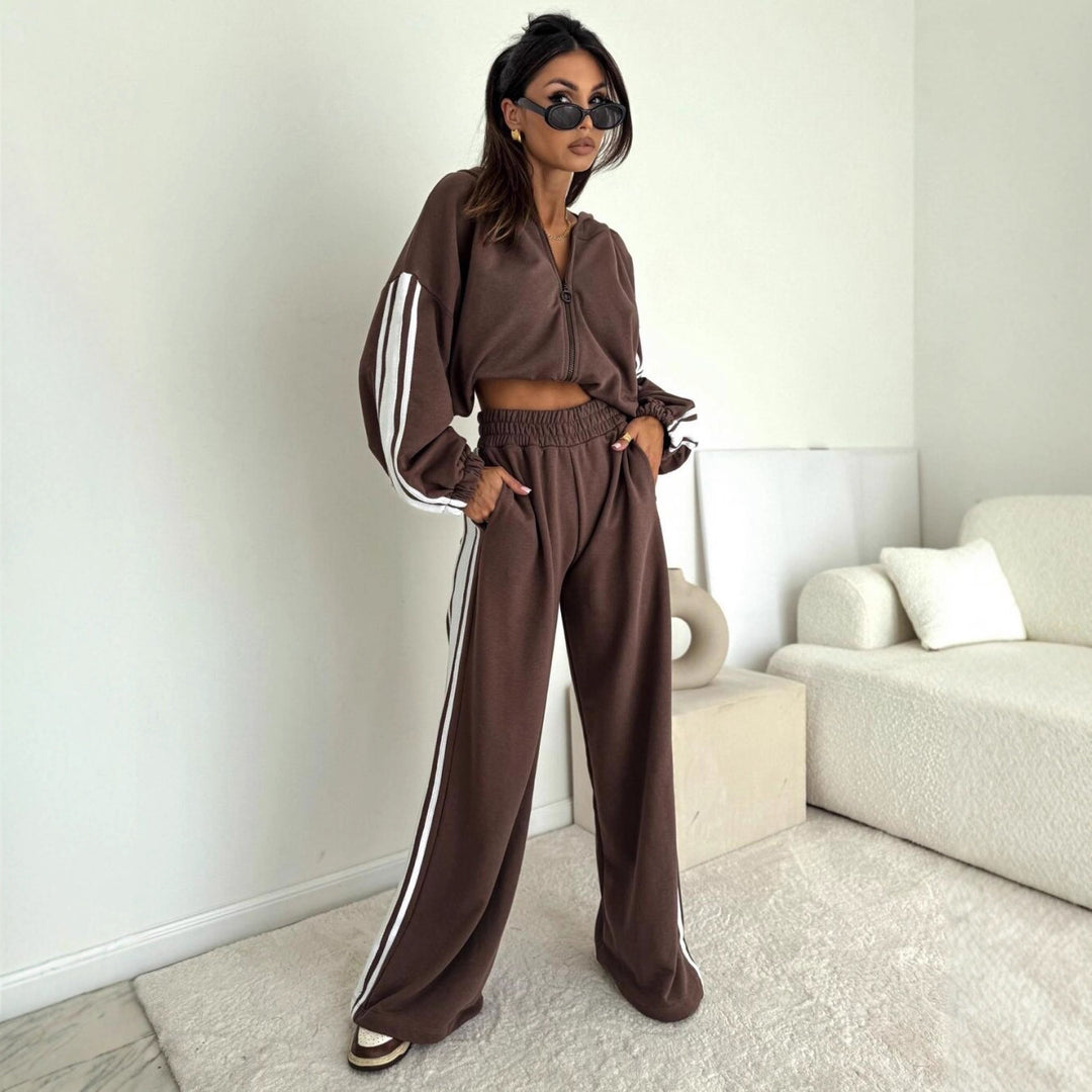 Damen cropped Zip-Hoodie mit voluminösen Ballonärmeln und High-Waist Relaxhose im sportlichen Seitenstreifen-Design – Auréline