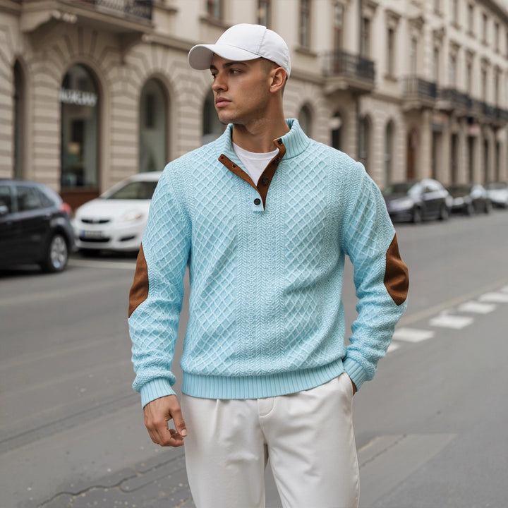 Herren Troyer-Pullover mit Stehkragen, strukturierter Strickoptik und Kontrast-Ellbogenpatches Echoarchiv