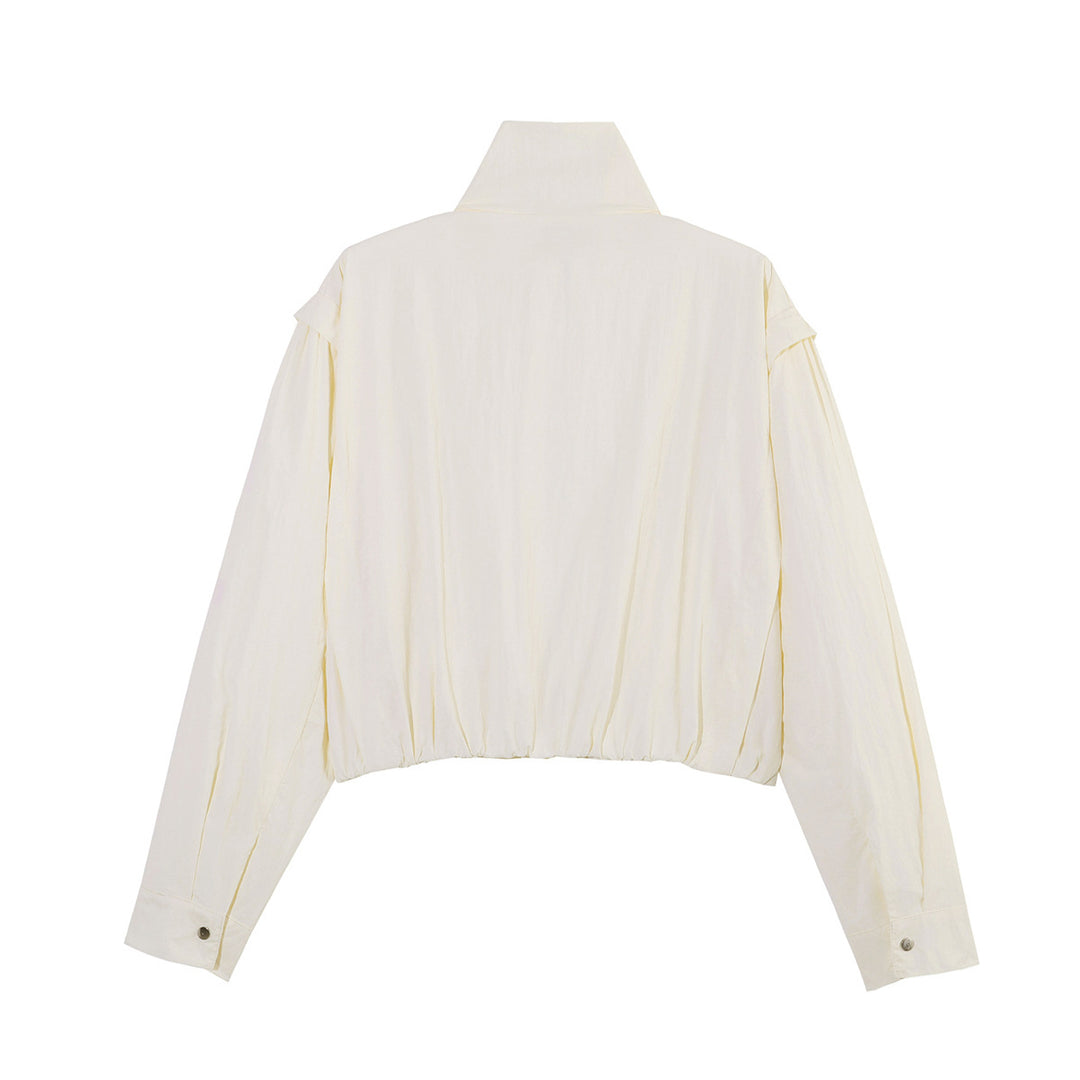 Damen Kurze Cropped-Übergangsjacke mit Stehkragen, geraffter Schulterpasse und Ballonärmeln Echoarchiv