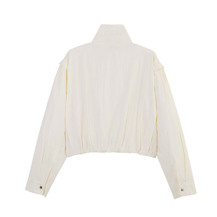 Damen Kurze Cropped-Übergangsjacke mit Stehkragen, geraffter Schulterpasse und Ballonärmeln Echoarchiv