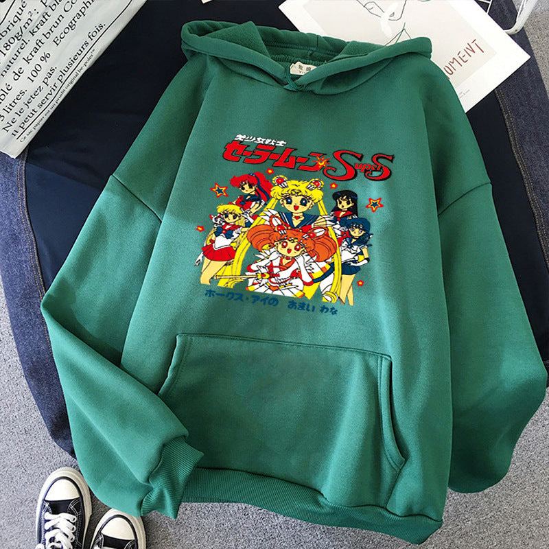 Damen Oversize-Kapuzenpullover mit gerautem Fleecefutter, Retro‑Anime‑Print und Kängurutasche – Auréline