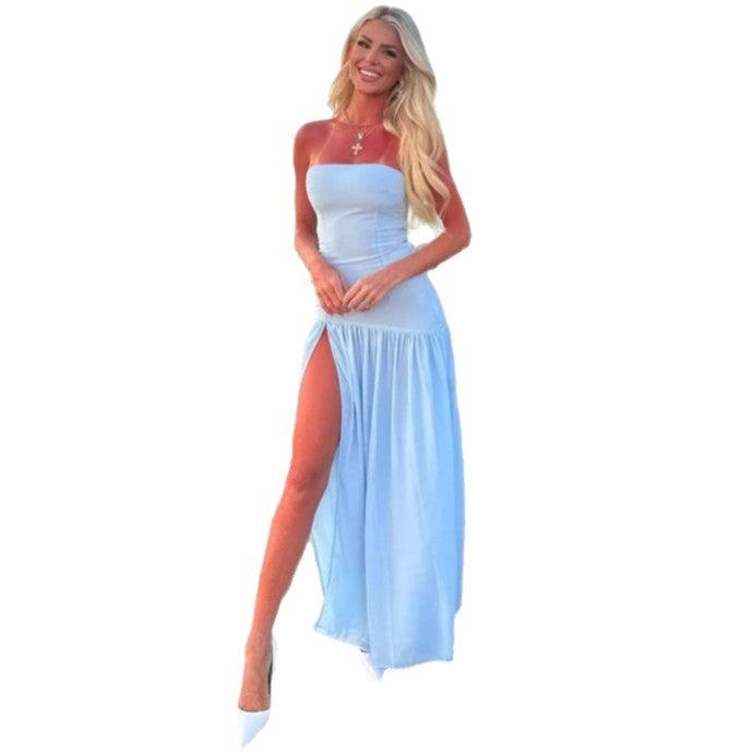 Damen Charmantes schulterfreies Maxikleid mit hohem Schlitz und fließendem Faltenrock Echo Archiv