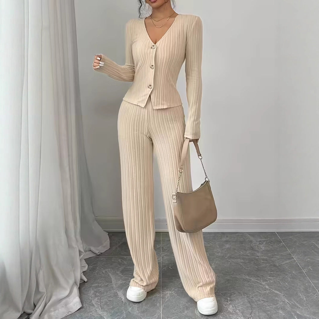 Damen Geripptes Lounge-Set mit taillierter Knopfleiste und weitem Palazzo-Hosenbein Echo Archiv