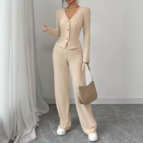 Damen Geripptes Lounge-Set mit taillierter Knopfleiste und weitem Palazzo-Hosenbein Echo Archiv