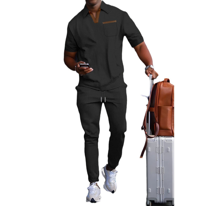 Herren nan lässiges Freizeitset aus elastischem Jersey mit V-Ausschnitt Brusttasche und Kordelbund Echo Archiv