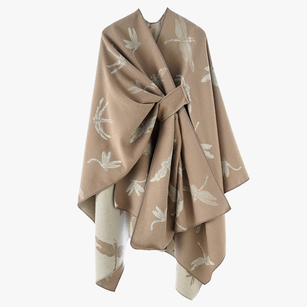 Damen Kaschmirähnlicher Jacquard‑Cape mit Libellen‑Motiv und Bindegürtel – Avérine